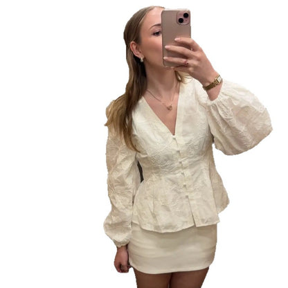 Women's Tailored Lace Blouse in Corset Style with V-Neck, Button Placket and Balloon Sleeves EVA-US