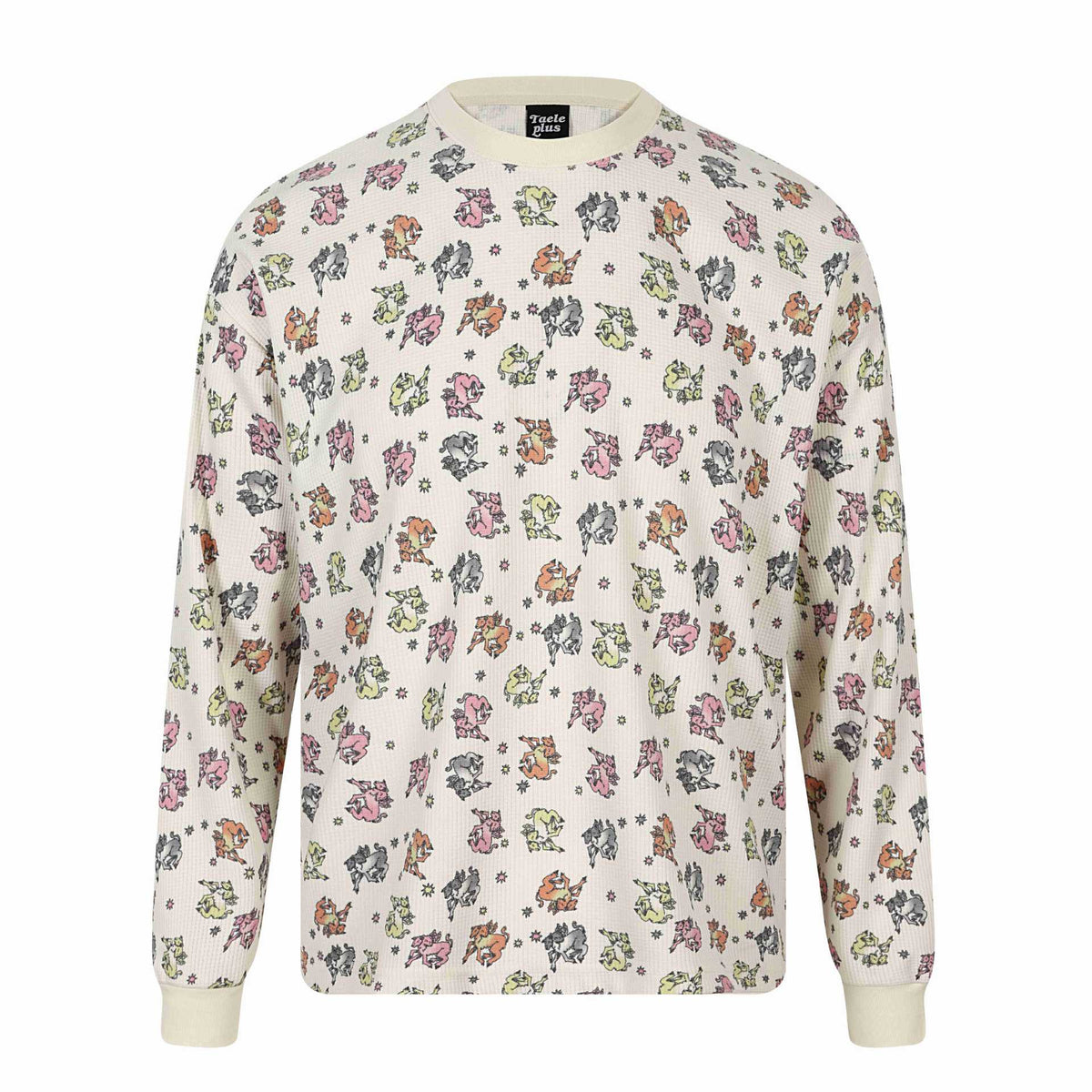 Women's waffle thermal shirt with playful allover print and ribbed round neck