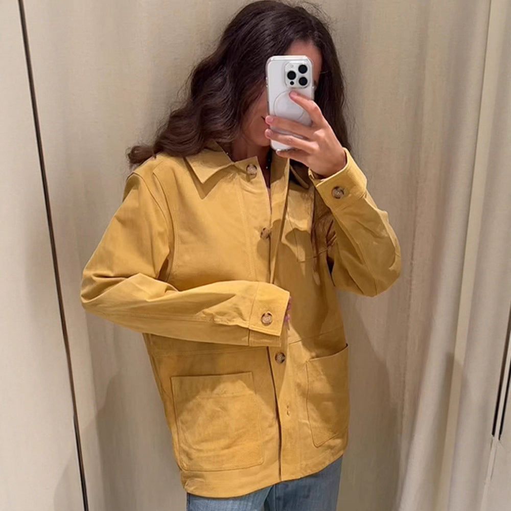 Women's Oversized Cotton Worker Jacket with Patch Pockets EVA-US