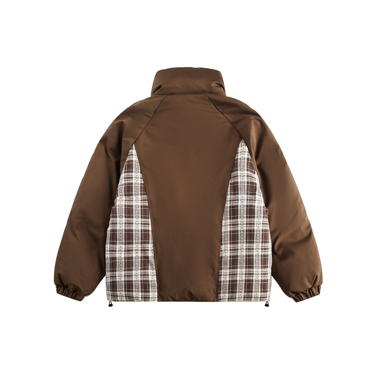 Unisex Oversize Stand Collar Puffer Jacket with Checked Insert Panel and Utility Pockets EVA-US