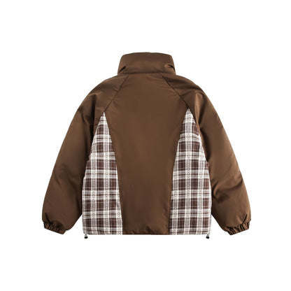 Unisex Oversize Stand Collar Puffer Jacket with Checked Insert Panel and Utility Pockets EVA-US