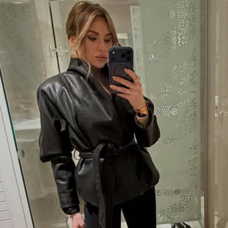 Women's Tailored Leather Jacket with Wrap Belt and Kimono Collar EVA-US