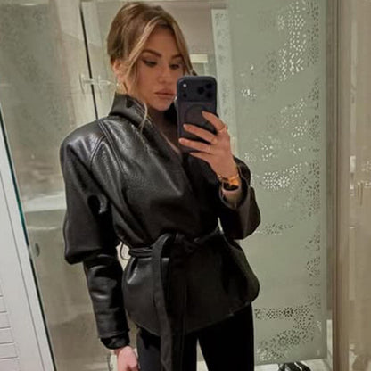 Women's Tailored Leather Jacket with Wrap Belt and Kimono Collar EVA-US