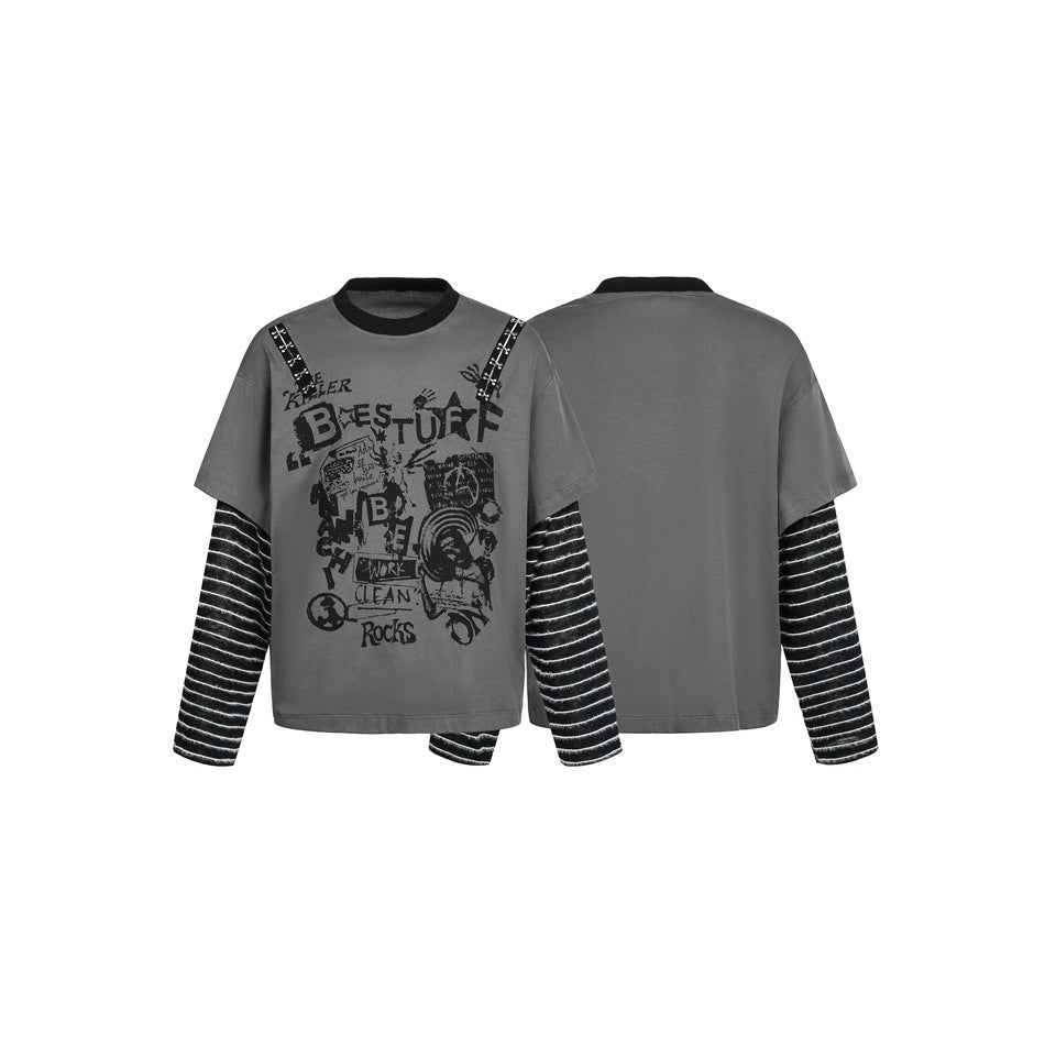Women's Layered Look T-Shirt with Striped Sleeves and Graffiti Print EVA-US