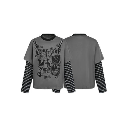 Women's Layered Look T-Shirt with Striped Sleeves and Graffiti Print EVA-US