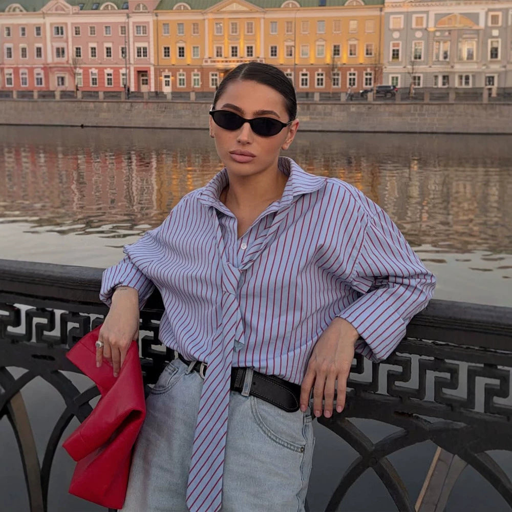 Women's Striped Shirt Blouse with Integrated Tie Detail & Oversized Cut EVA-US