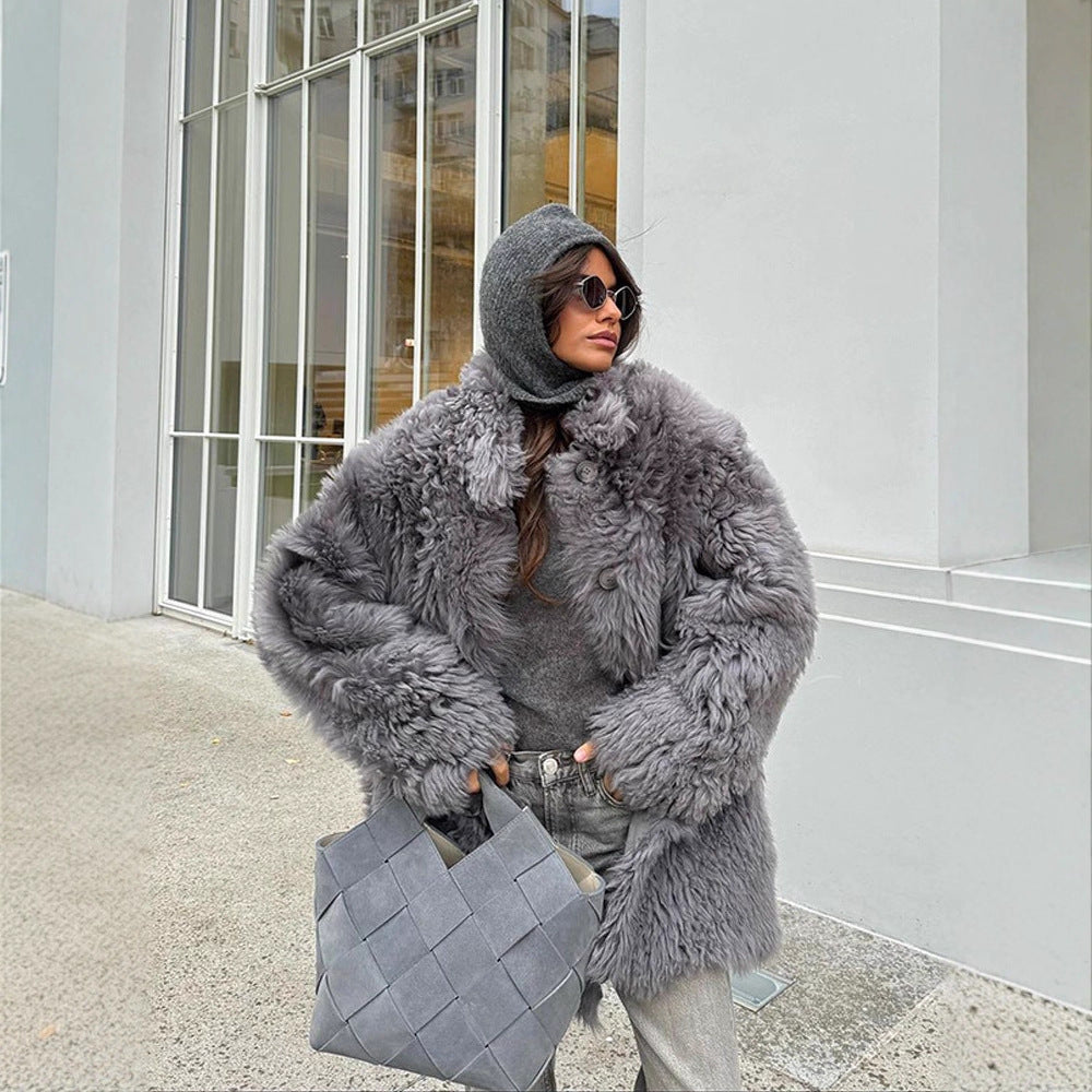 Women's Short Oversize Faux Fur Coat with Voluminous Curly Texture and Button Closure EVA-US