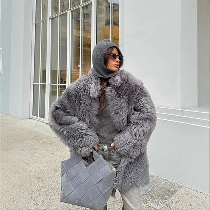 Women's Short Oversize Faux Fur Coat with Voluminous Curly Texture and Button Closure EVA-US