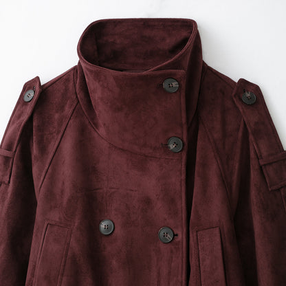 Women's Velvet Trench Coat with High Funnel Collar and Tie Belt EVA-US