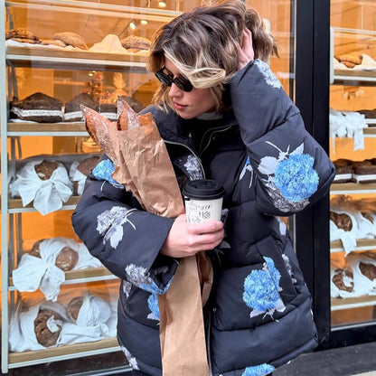 Women Padded Oversized Quilted Jacket with Floral Print and Hood EVA-US