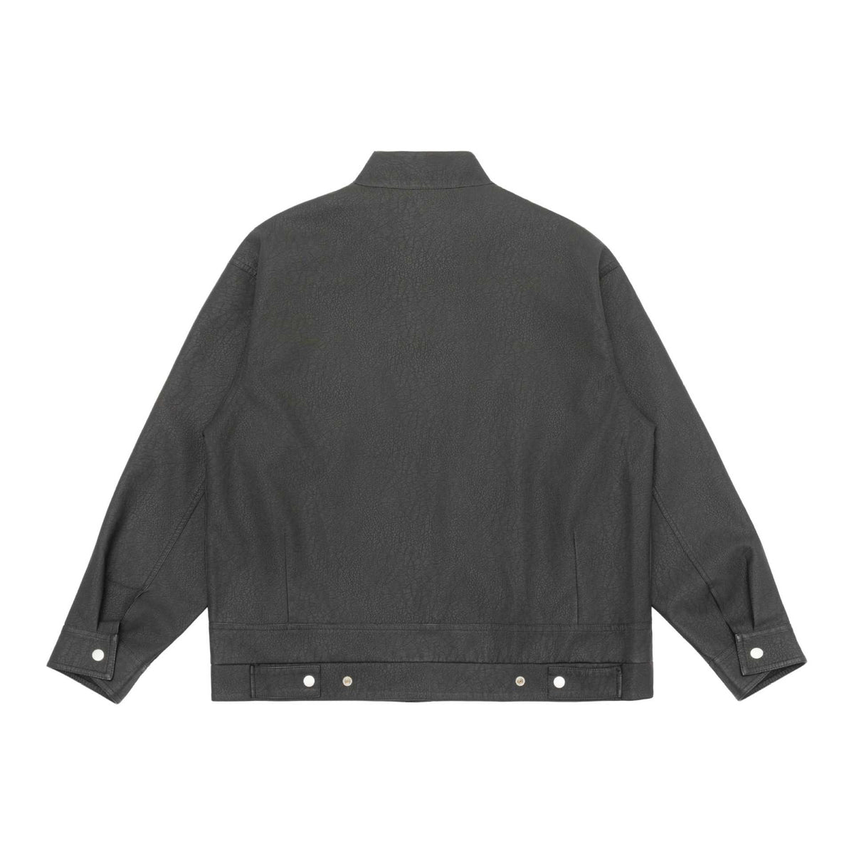 Unisex Boxy-Faux Leather Blouson Jacket with Stand Collar and Flap Pockets EVA-US