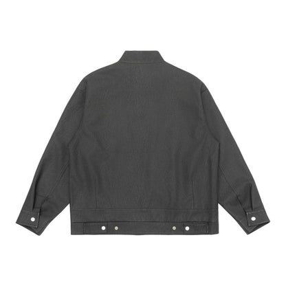Unisex Boxy-Faux Leather Blouson Jacket with Stand Collar and Flap Pockets EVA-US