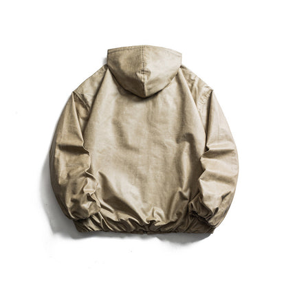 Men's short-cut faux leather hooded jacket in boxy cut with elastic hem and kangaroo pockets EVA-US
