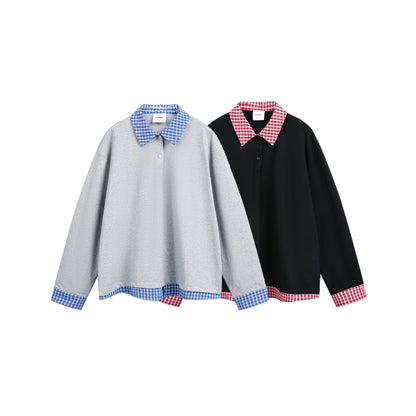 Unisex Loose-fitting sweatshirt with plaid collar and hem insert EVA-US