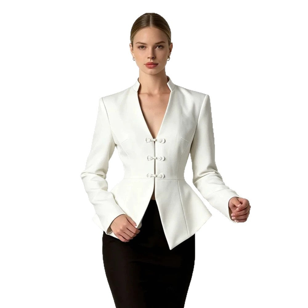 Women's Tailored Peplum Blazer with Mandarin Collar and Decorative Knot Fastenings EVA-US