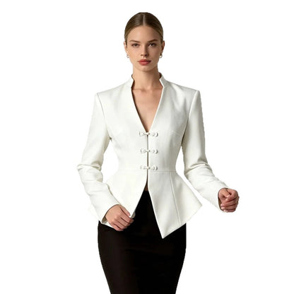 Women's Tailored Peplum Blazer with Mandarin Collar and Decorative Knot Fastenings EVA-US