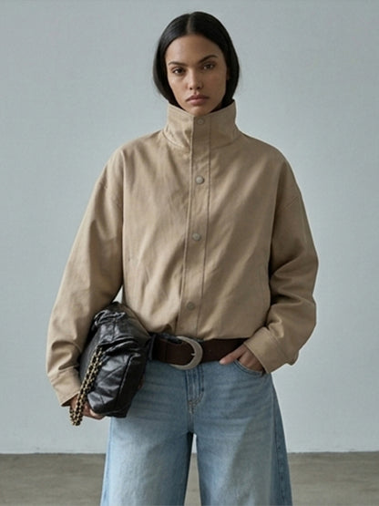 Women Short Boxy Canvas Jacket with High Stand-Up Collar and Snap Button Placket EVA-US