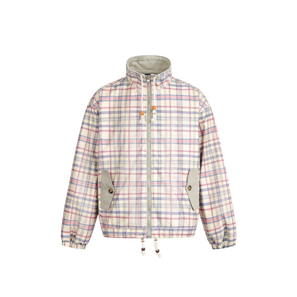 Women's lightly padded checkered boxy bomber jacket with drawstring hem, wooden bead cord and patch pockets EVA-US