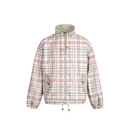 Women's lightly padded checkered boxy bomber jacket with drawstring hem, wooden bead cord and patch pockets EVA-US