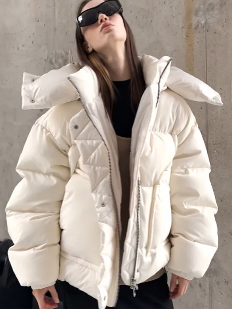 Women Oversized Padded Puffer Jacket with extra high Stand-Up Collar, double front zipper and boxy silhouette EVA-US