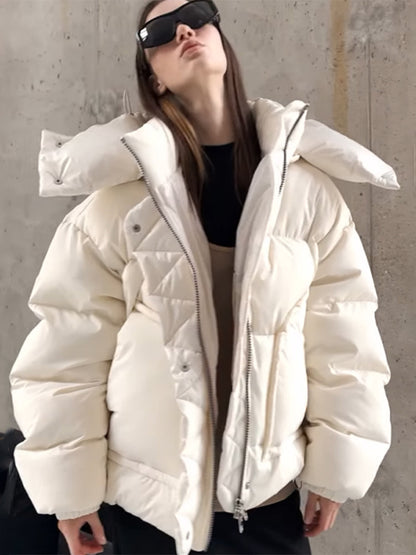 Women Oversized Padded Puffer Jacket with extra high Stand-Up Collar, double front zipper and boxy silhouette EVA-US