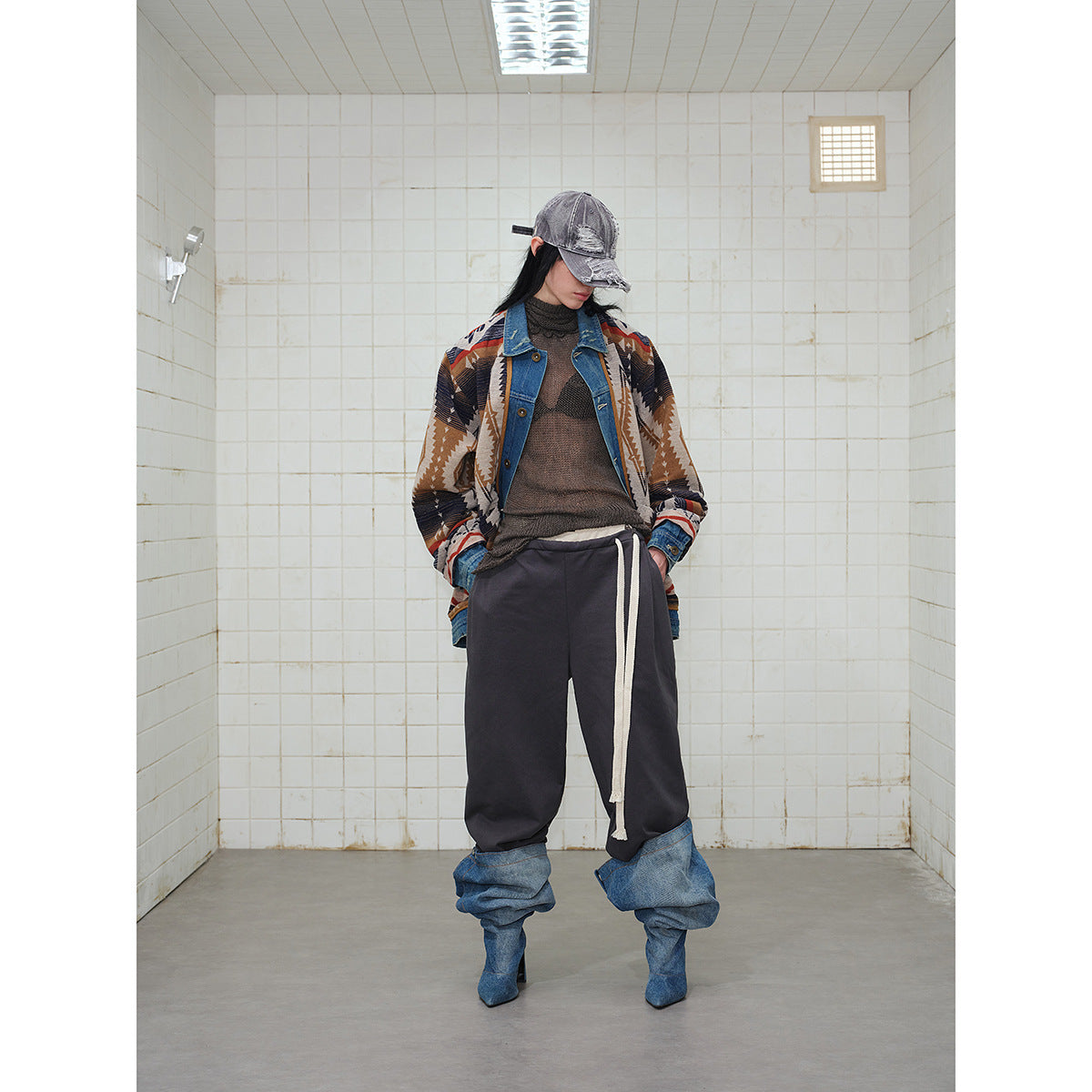 Unisex Loose-Fitting Jacquard Liner Jacket with Denim Trim and Graphic Ethno Pattern EVA-US