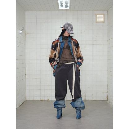 Unisex Loose-Fitting Jacquard Liner Jacket with Denim Trim and Graphic Ethno Pattern EVA-US