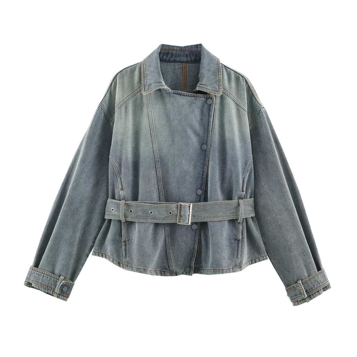 Women's denim jacket with belted waist and asymmetric snap button placket EVA-US