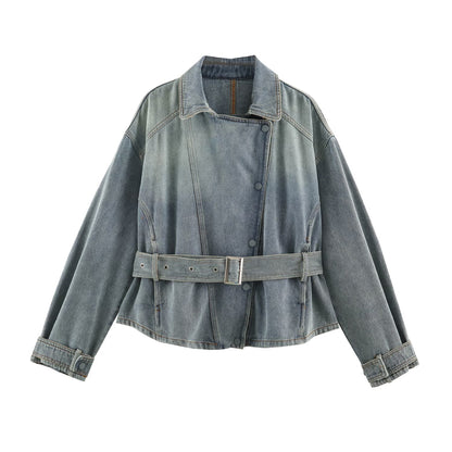 Women's denim jacket with belted waist and asymmetric snap button placket EVA-US