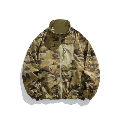 Unisex Lightweight Camo Windbreaker with High Stand Collar, Chest Zip and Elastic Hem EVA-US
