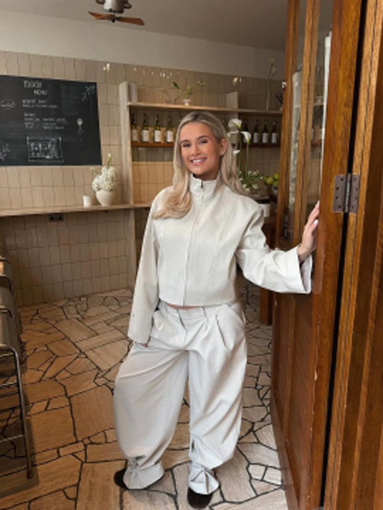 Women's Short Jacket with Stand Collar and Wide Pleated Trousers Set EVA-US