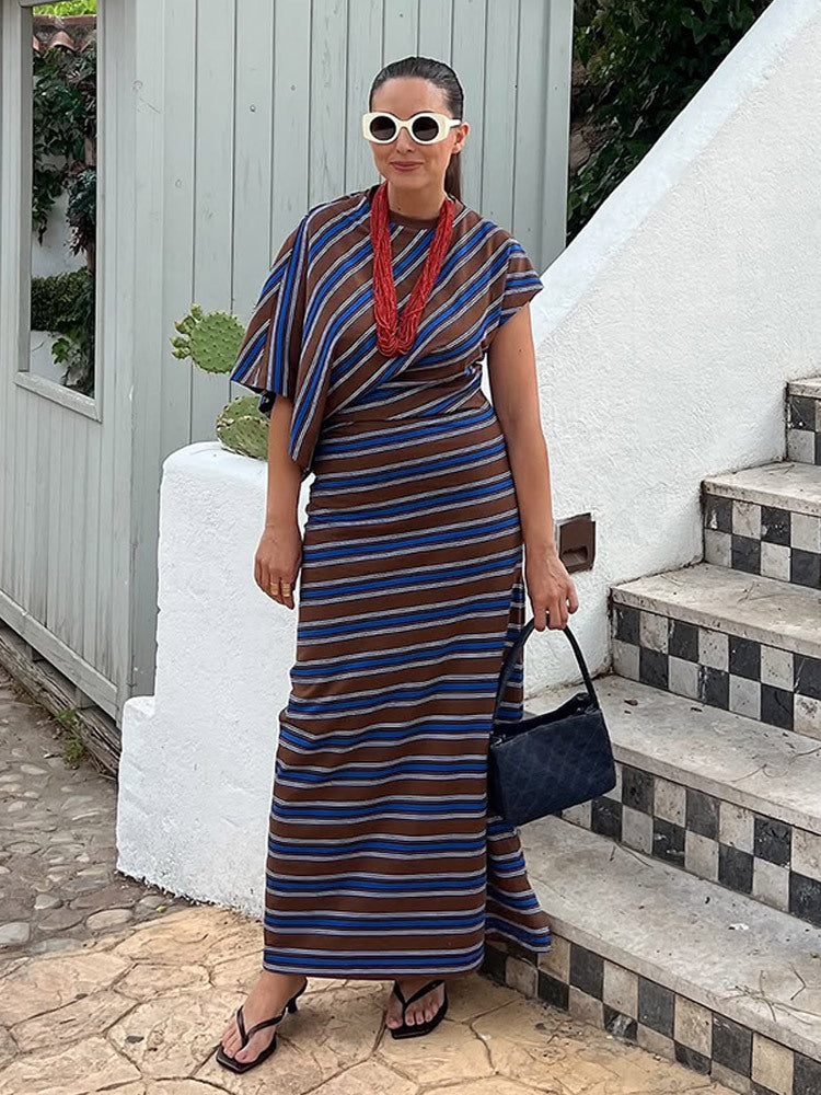 Women Striped Maxi Dress with Asymmetric Cape Sleeves & Tailored Silhouette EVA-US