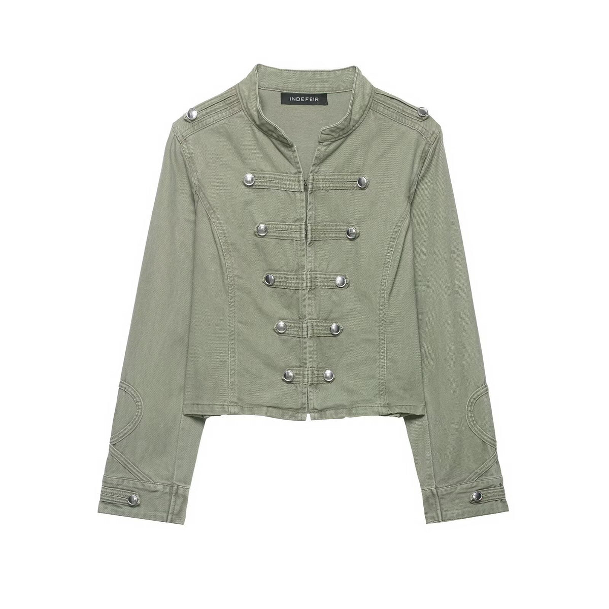 Women's short jacket in military look with stand-up collar, decorative flaps, and quilted sleeve patches EVA-US