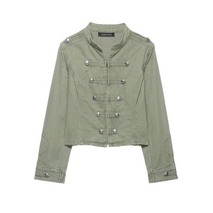 Women's short jacket in military look with stand-up collar, decorative flaps, and quilted sleeve patches EVA-US
