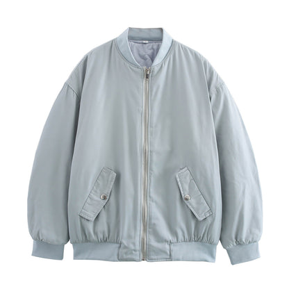 Women Boxy Bomber Jacket in Oversized Look with Zipper and Slanted Flap Pockets EVA-US