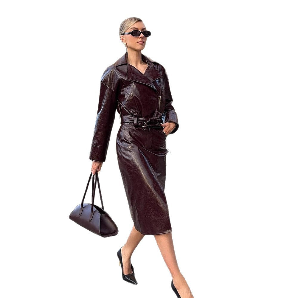 Women's Patent Leather Biker Jacket with Oversized Lapels, Boxy Cut & Visible Zipper EVA-US