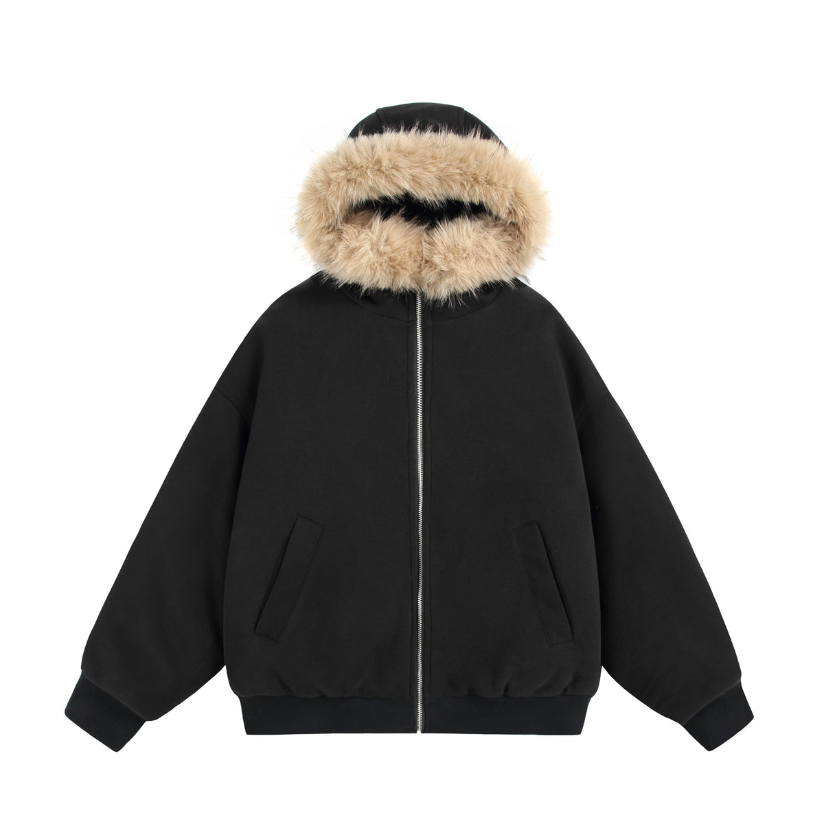 Women's Short Boxy Hooded Blouson made of French Terry with voluminous Faux Fur Edging EVA-US