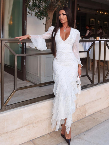 Women's chiffon maxi dress with deep V-neck, transparent bell sleeves and tiered ruffles EVA-US