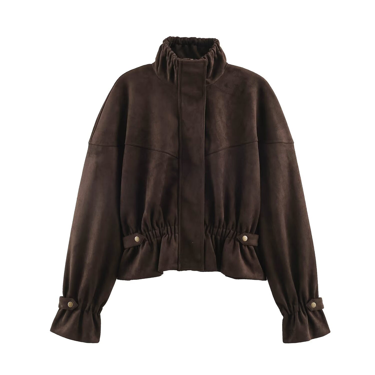Women's Short Velvet-Look Jacket with Drawstring Waist, High Stand-Up Collar and Adjustable Cuffs EVA-US