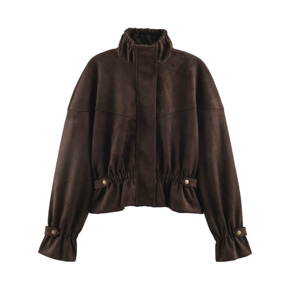 Women's Short Velvet-Look Jacket with Drawstring Waist, High Stand-Up Collar and Adjustable Cuffs EVA-US
