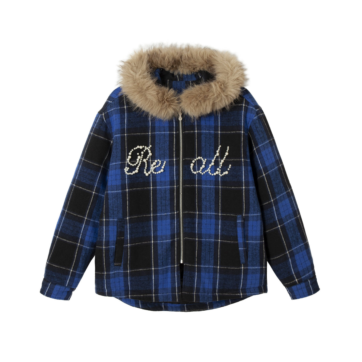 Women's checked wool blend blouson with detachable faux fur collar and pearl appliqué EVA-US