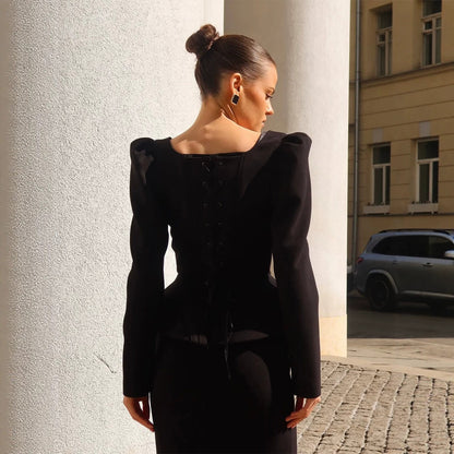 Women's Tailored Corset Blazer Top with Square Neckline, Peplum and Emphasized Shoulders EVA-US