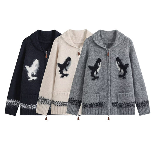 Women’s zip-up cardigan with shawl collar and intarsia pattern EVA-US