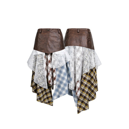 Women Asymmetrical Layered Skirt with Faux Leather Waistband and Plaid Mix EVA-US