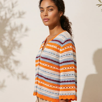 Women’s crocheted short jacket with shell hem, 3/4 sleeves & fine lace pattern EVA-US