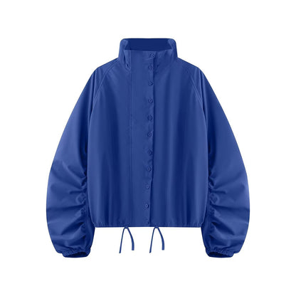 Women's transitional jacket with wide balloon sleeves, stand-up collar and drawstring.