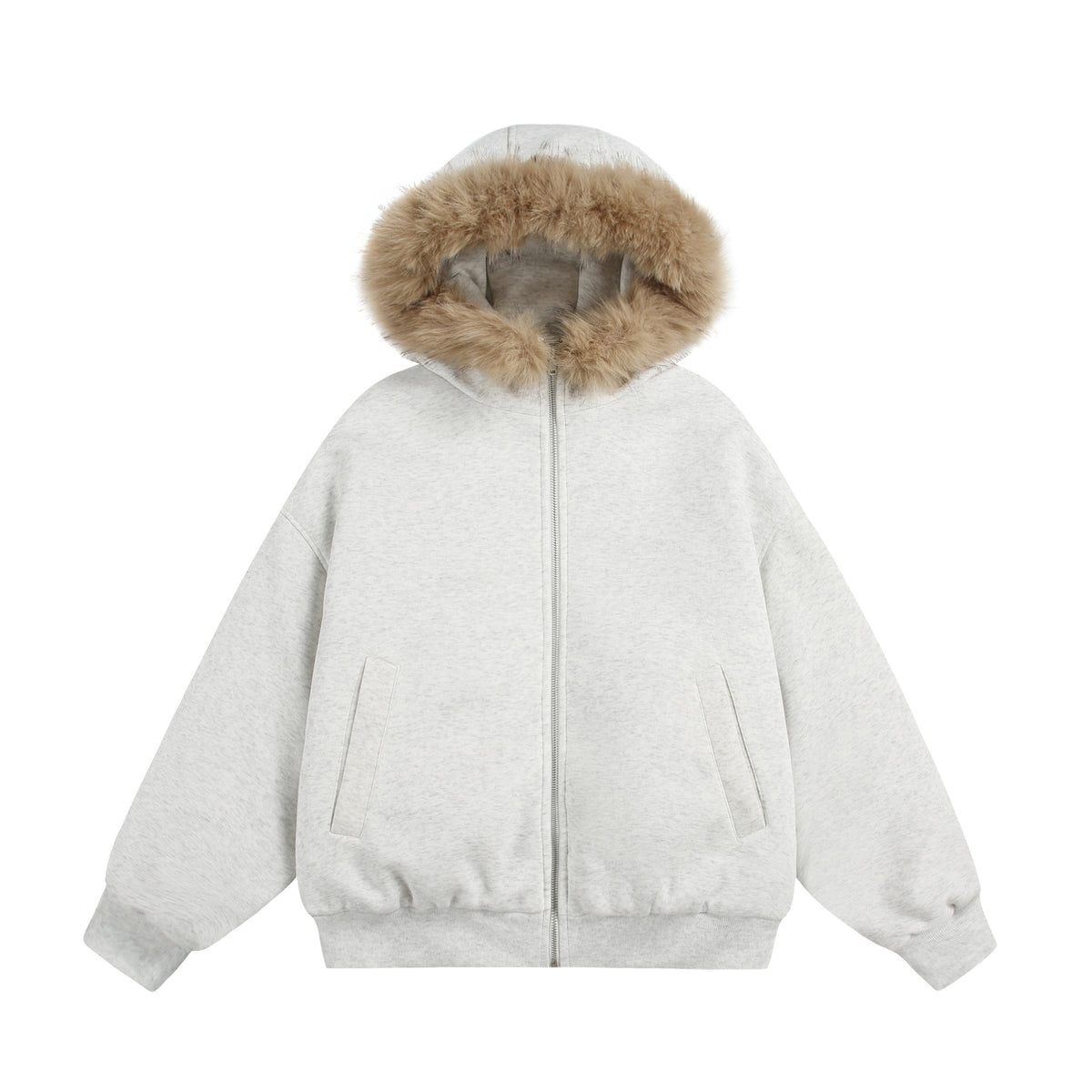 Women's Short Boxy Hooded Blouson made of French Terry with voluminous Faux Fur Edging EVA-US