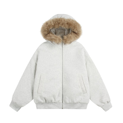Women's Short Boxy Hooded Blouson made of French Terry with voluminous Faux Fur Edging EVA-US