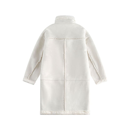 Women Long Oversize Sheepskin Imitation Coat with Stand-up Collar and Buckle Closure EVA-US