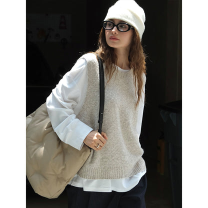 Women Soft Oversized Knit Vest made of Wool Blend with Round Neckline EVA-US